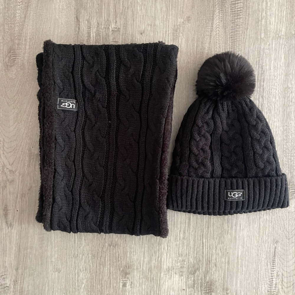 UGG Black Cable Knit Beanie and Scarf Set